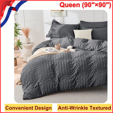 Dark Grey Duvet Cover Queen Size Ultra Soft 3-Piece Seersucker Duvet Cover Set