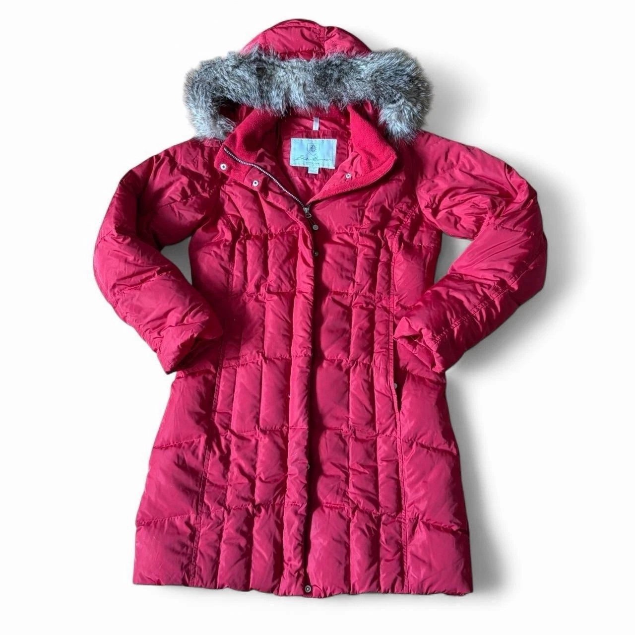 Eddie Bauer Jacket Women Small Red Down Puffer EB650 Parka Fur Hood Warm Outdoor