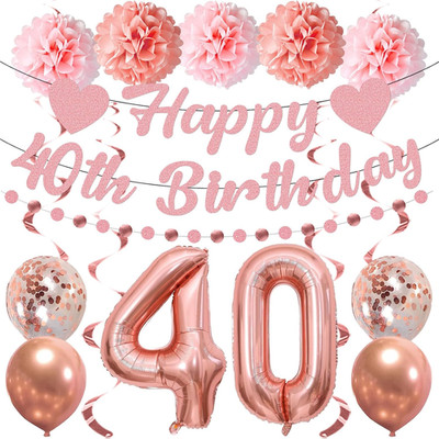 40Th Birthday Decorations for Women, Pre-Strung 40Th Banner Rose Gold 32Inch 40