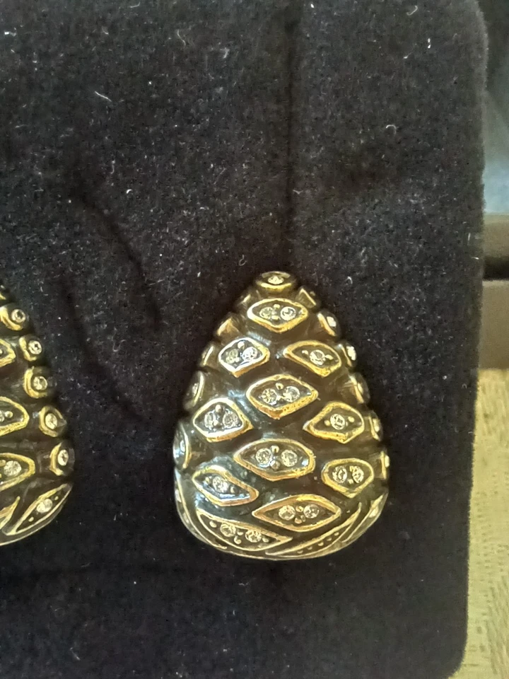 Vintage Heidi Daus Enamel & Crystal Pine Cone Clip-On Earrings New in Box Elegan - Image 4 of 4
