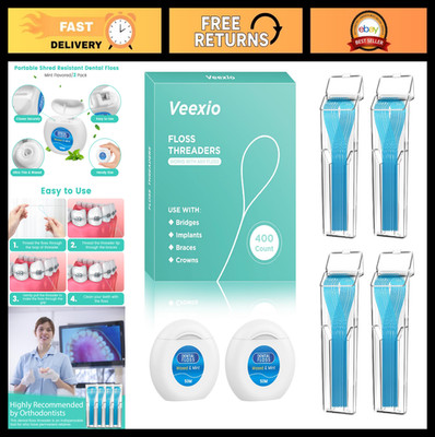 400 Floss Threaders + 2 Pack Mint Waxed Dental Floss for Braces, Implants, Retai