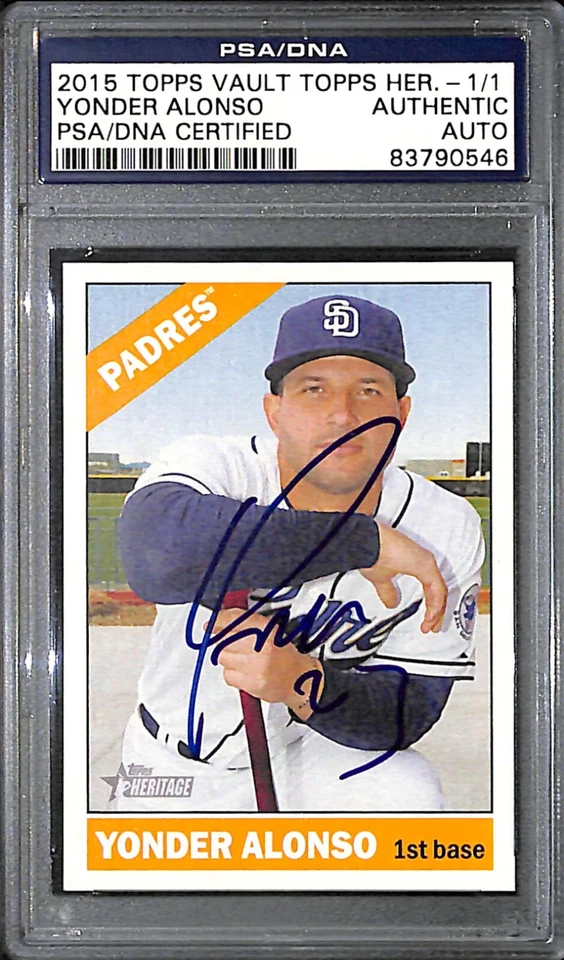 Tarjeta 1/1 PSA/DNA automática firmada por Yonder Alonso 2015 Topps Vault Heritage reverso en blanco Foto 2 de 4