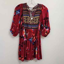 Umgee NWT floral red boho button front 3/4 sleeve mini dress woman's size small