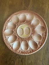 Mid-century Deviled Egg Plate Ceramic Brown. Japan. Lattice Design. Peach Color.
