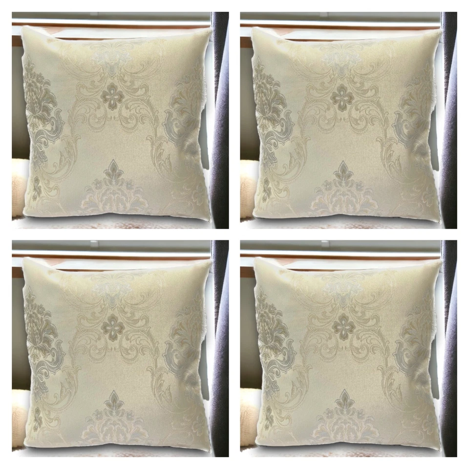 SET OF 4 DECORATIVE CUSHION COVERS Golden Cream Grey Damask Shimmer 18x18" - Image 2 of 4