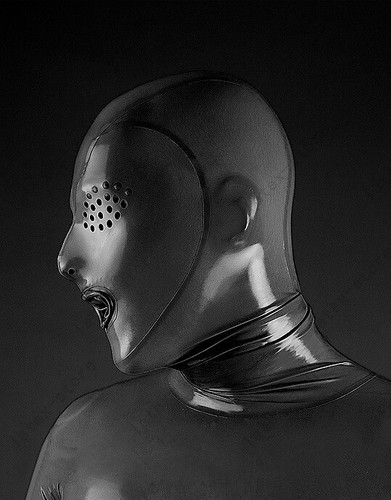 Latex Hood Grey Rubber Mask with Eyes Honeycomb Opening and Mouth Sheath Catsuit - Picture 3 of 5