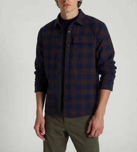 BLOOMINGDALES Shirt Jacket Mens XL Navy Brown Snap Up Elbow Patch Flannel $158 - product listing photo
