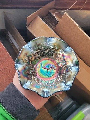 Pretty Black Amethyst Crown Crystal Carnival Glass Australian Emu Sauce Bowl