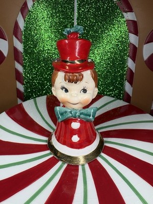 Vtg Lefton Christmas Pixie Boy Holly Leaf Red Top Hat Green Bow Figurine Japan