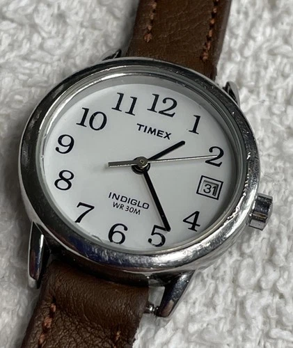 Vintage Timex Indiglo Ladies Date Watch Silver Tone Running Brown Leather Strap