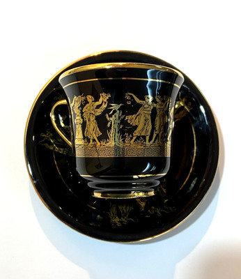 Beautiful Greek Tea Cup & Saucer Hand Made in Greece,  24k Trim Black and Gold