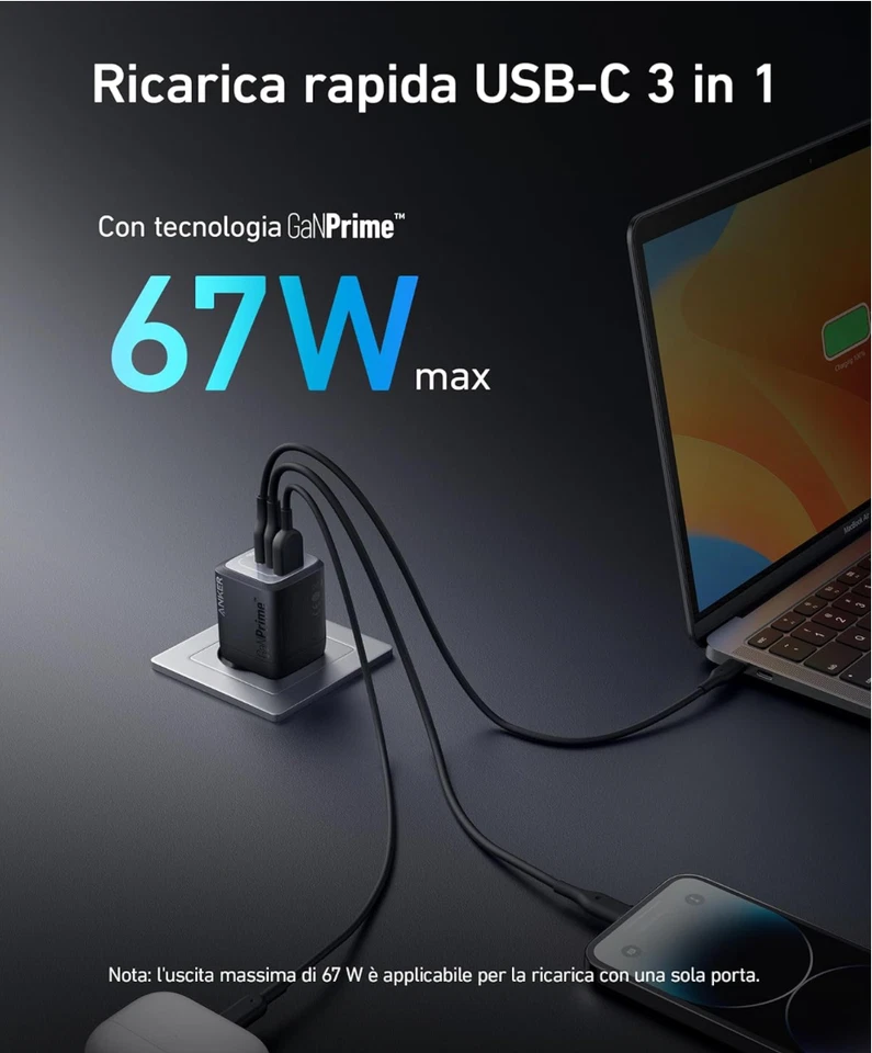 Anker Caricatore USB C Da 67 W, Alimentatore Anker Prime Gan, Caricatore Rapido - Immagine 3 di 4