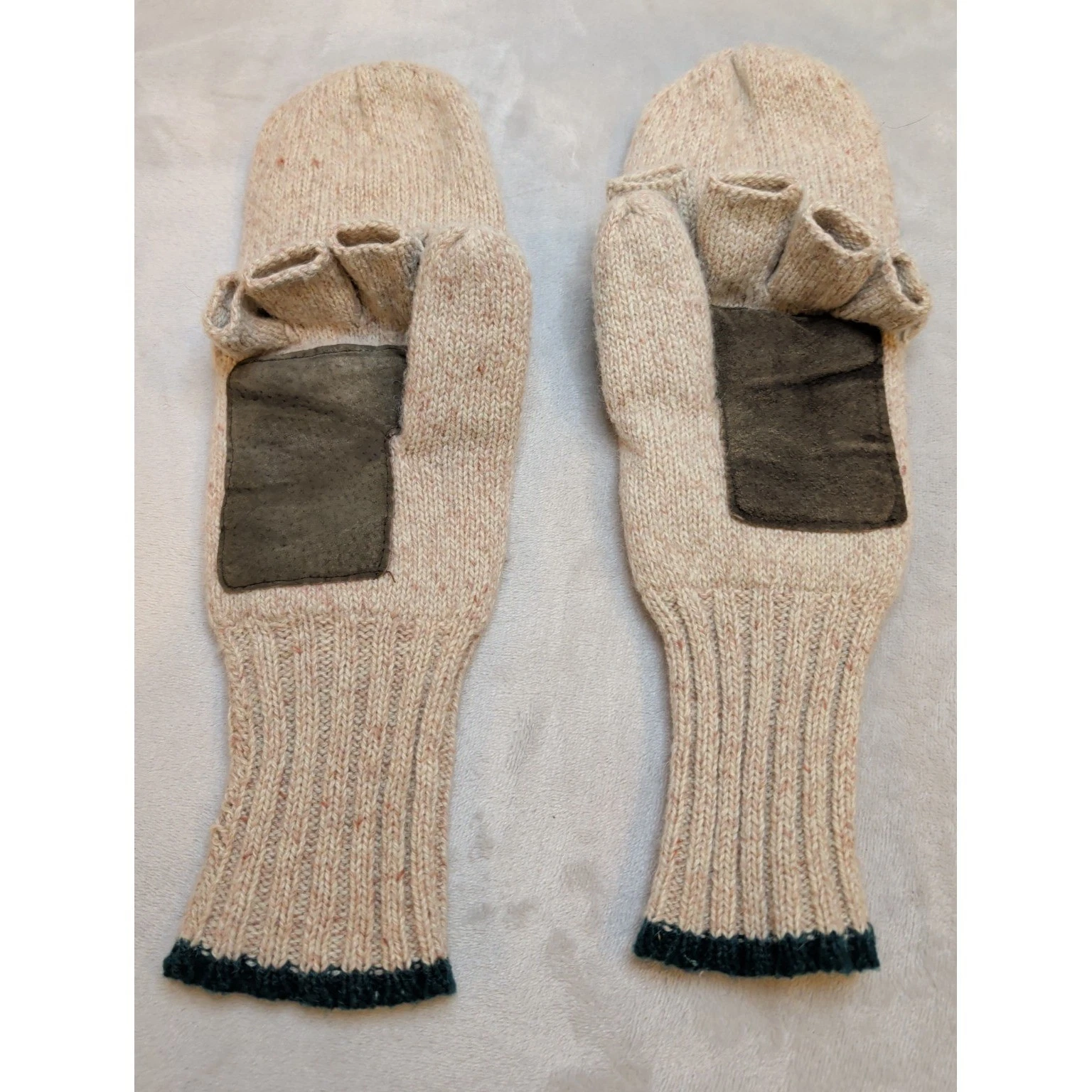 Vintage Thinsulate Flip Mittens Wool Leather Palm Fingerless Gloves Tan