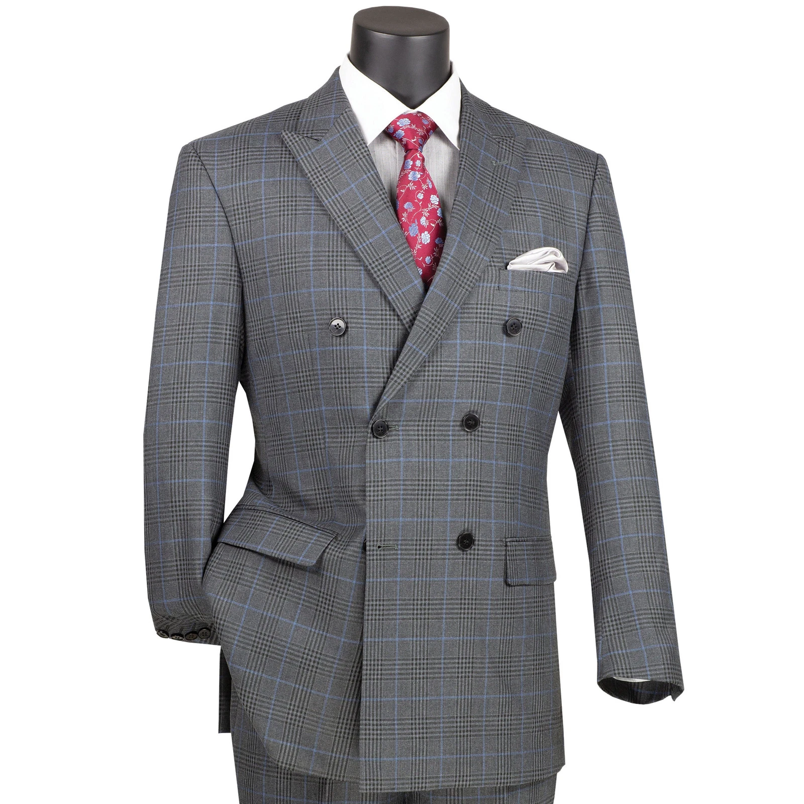 VINCI Men's Charcoal Glen Plaid Double-Breasted 6-Button Classic Suit - NEW