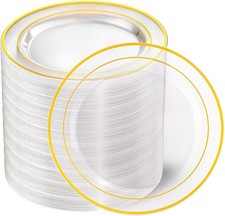 100PCS Clear Gold Plastic Plates, Clear Dinner Plates with Gold Rim 10 Inch, ...