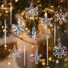 18PC Glass Snowflake Icicle Christmas Ornaments Iridescent Xmas Tree Decorations