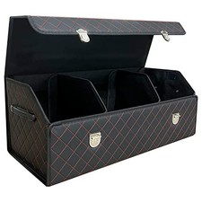 Car Trunk Organizer with Lid,Foldable Faux Leather Cargo Large Black Red Grid