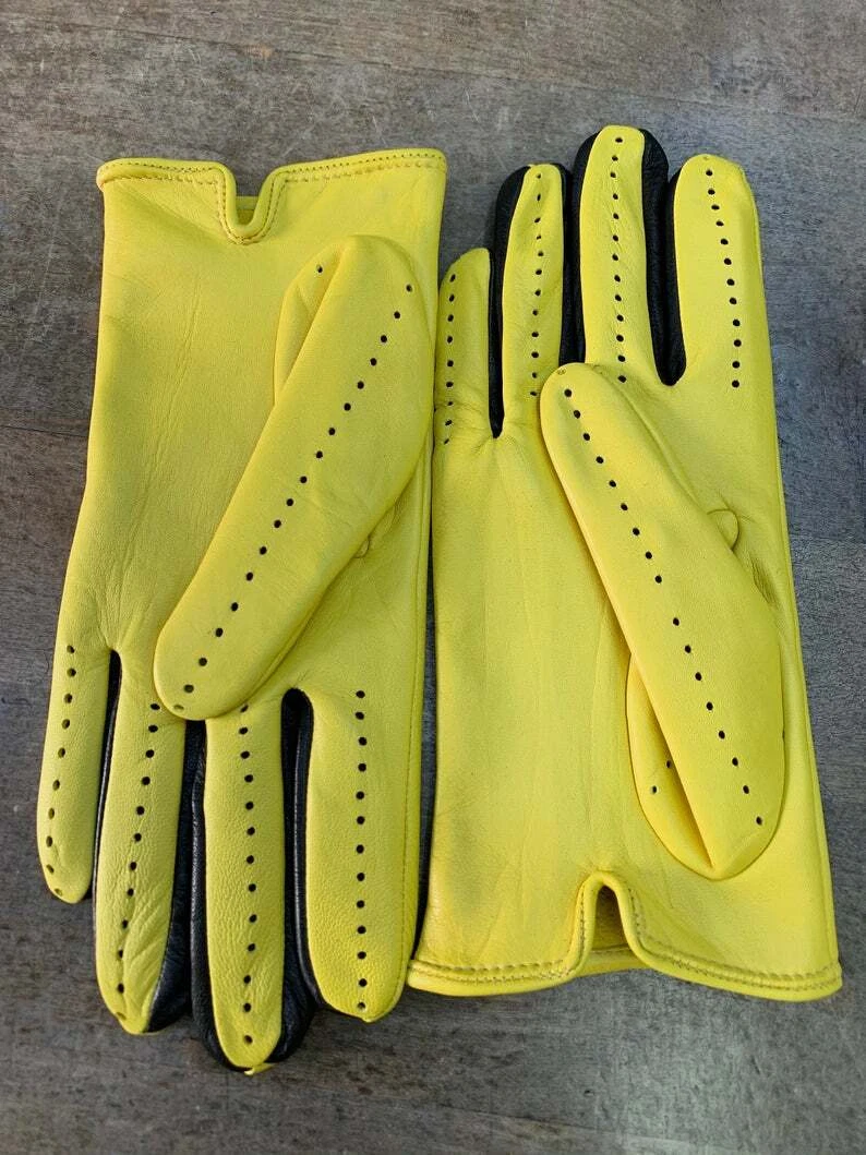 Handmade Green & Black Genuine Lambskin Napa Leather Driving Gloves for Women's