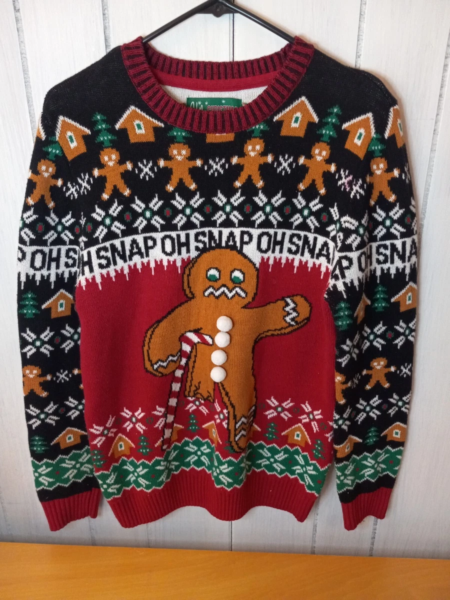 Ugly Christmas Sweater Oh Snap Gingerbread Man Candy Cane Crutch