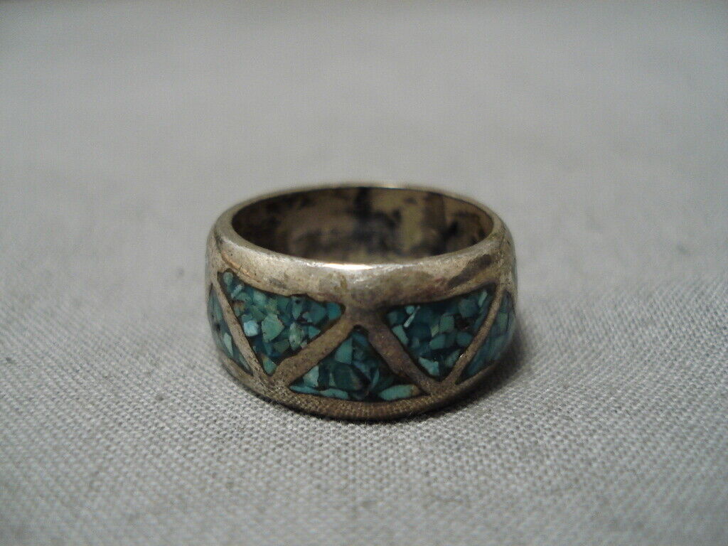 Impressive Vintage Native American Navajo Turquoise Inlay Sterling Silver Ring Old Impressive Vintage Native American Navajo Turquoise Inlay Sterling Silver Ring Old