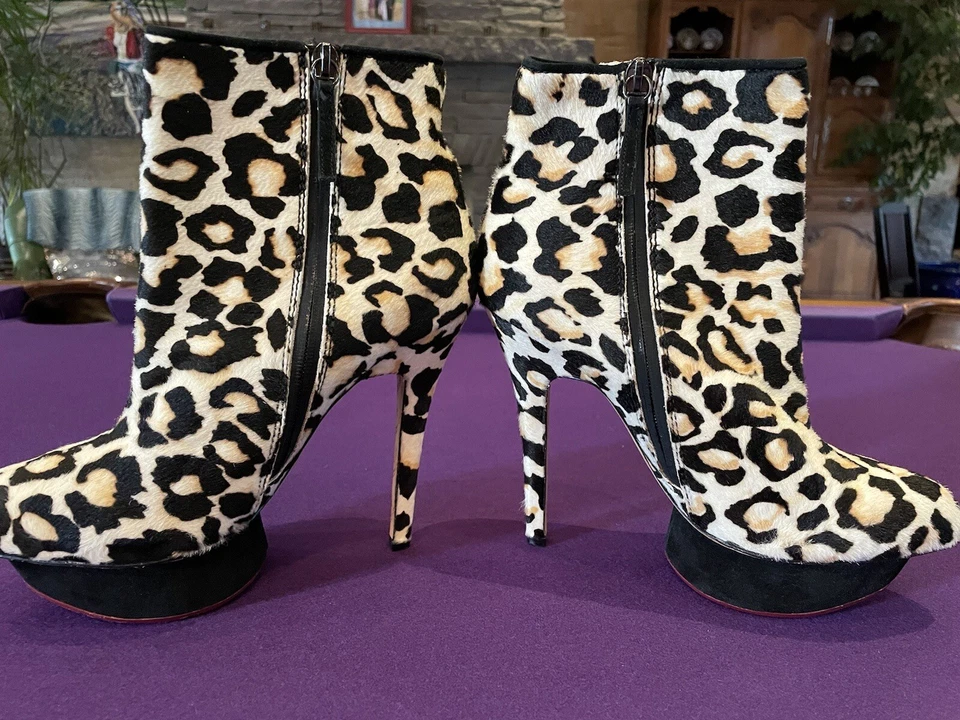 NUEVO CON ETIQUETAS L.A.M.B. Botines Piel Estampado Leopardo Cremallera Botas Plataforma Stiletto Crema Multi 8 Foto 3 de 4