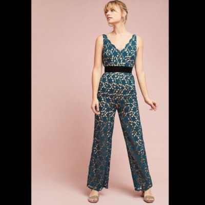 Anthropologie Monique Lhuillier Lace V-Neck Jumpsuit Turquiose
