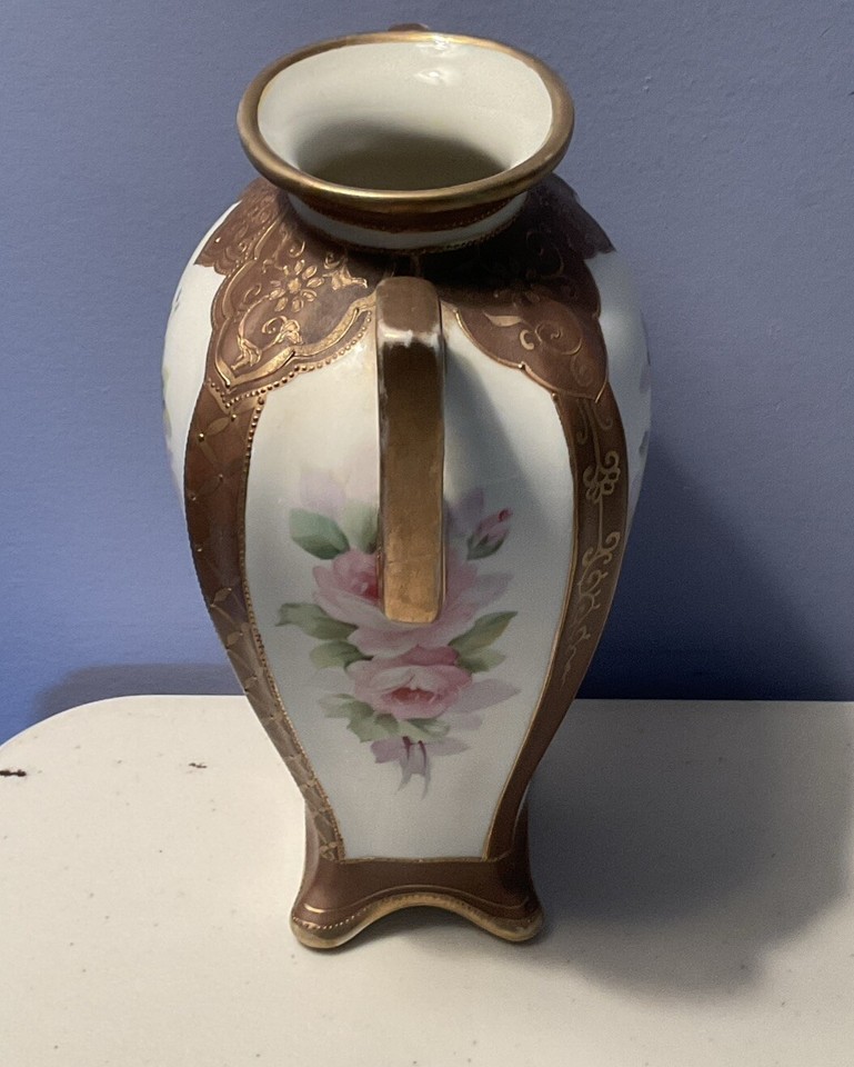 Vintage Nippon Double Handled Vase Gold Moriage 7.5” Tall Yellow Pink