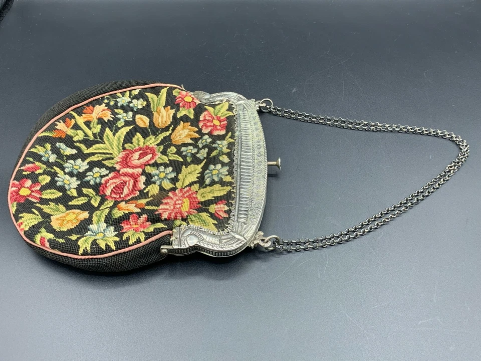 Old French Chatelaine Evening Purse Bag Sterling Silver Frame Petit Point c.1920 - Image 2 of 4