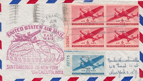 FAM 14 & 18 - FFC San Francisco to NY via Calcutta 6/26/47 #C25 C30 Plates - Picture 2 of 3