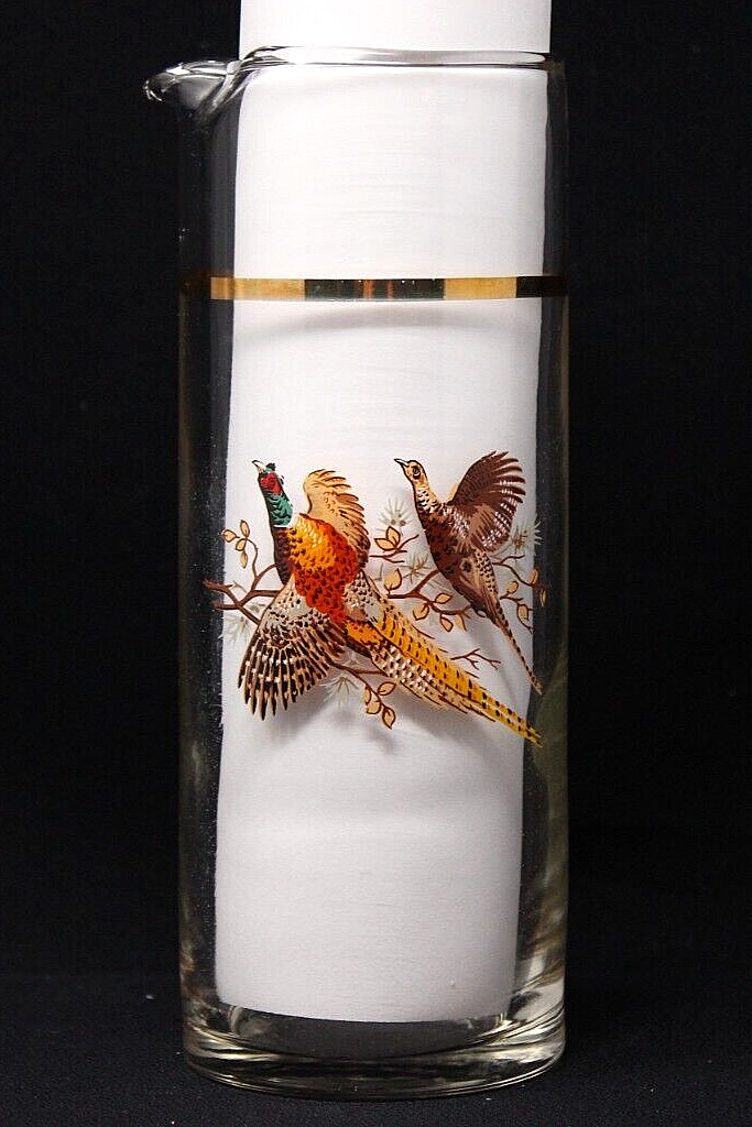 VINTAGE Tall Glass Cocktail Martini Pitcher Pheasants, Gold Band 7 3/4" Tall EUC