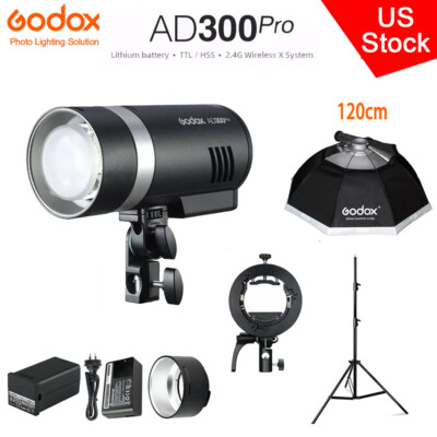 US Godox AD300Pro 2.4G TTL Outdoor Flash+S2 Bracket+120cm Bowens Softbox Stand