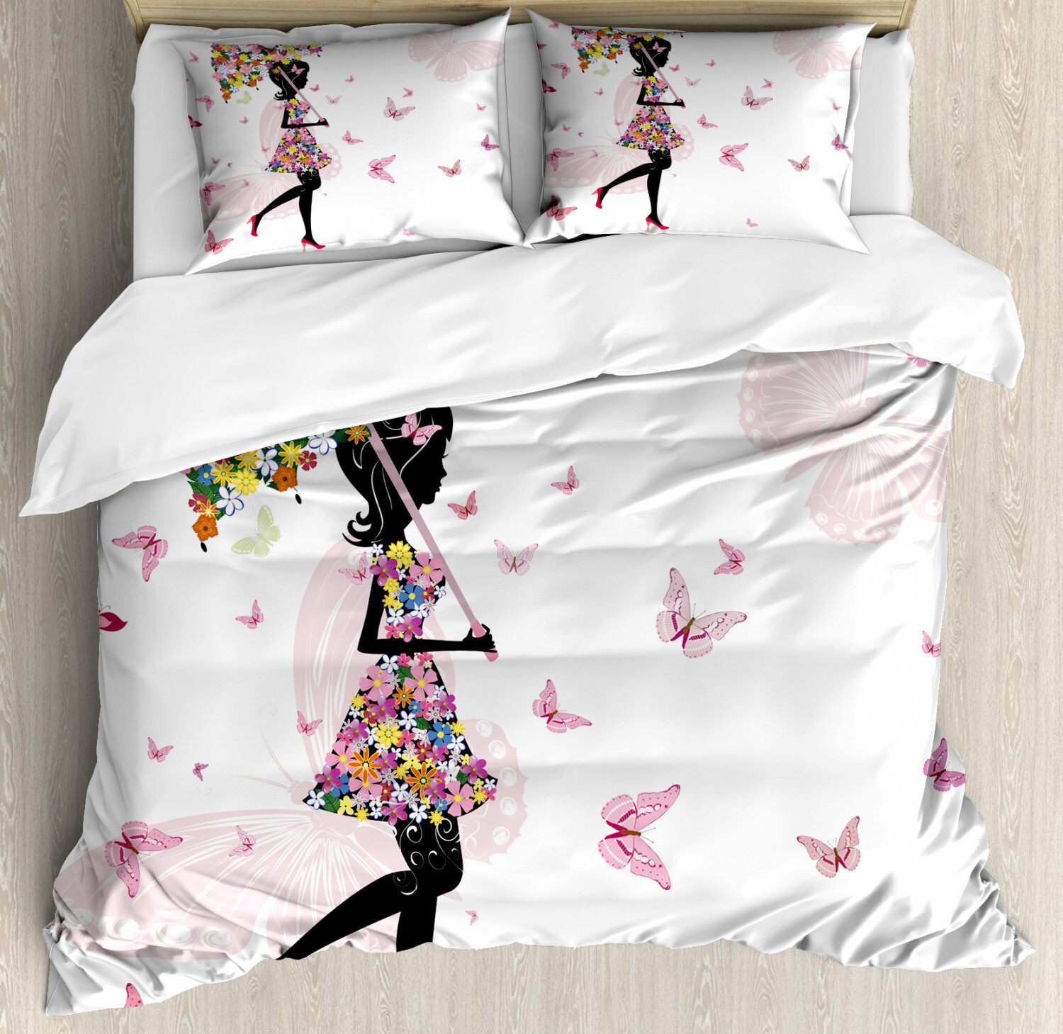 Girls Duvet Cover Set with Pillow Shams Floral Umbrella Dress Print