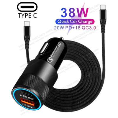 PD 38W QC3.0 USB-C Fast Car Charger Type C Cable For iPhone 16 15 Pro Max Plus