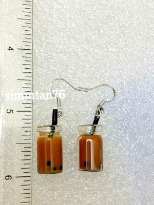 Tapioca Boba Bubble Milk Tea drink Miniature Bottle dangle earrings 