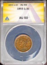 1853 1/2c Braided Hair Half Cent AU 50 ANACS # 7670555 + Bonus, Chocolate Brown