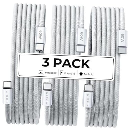 USB C to C Fast Charging Cable 60W 3-Pack 6ft Type C White