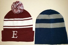 2 boys KNIT WINTER BEANIES HATS stripes one with E pom pom ONE SIZE FITS MOST