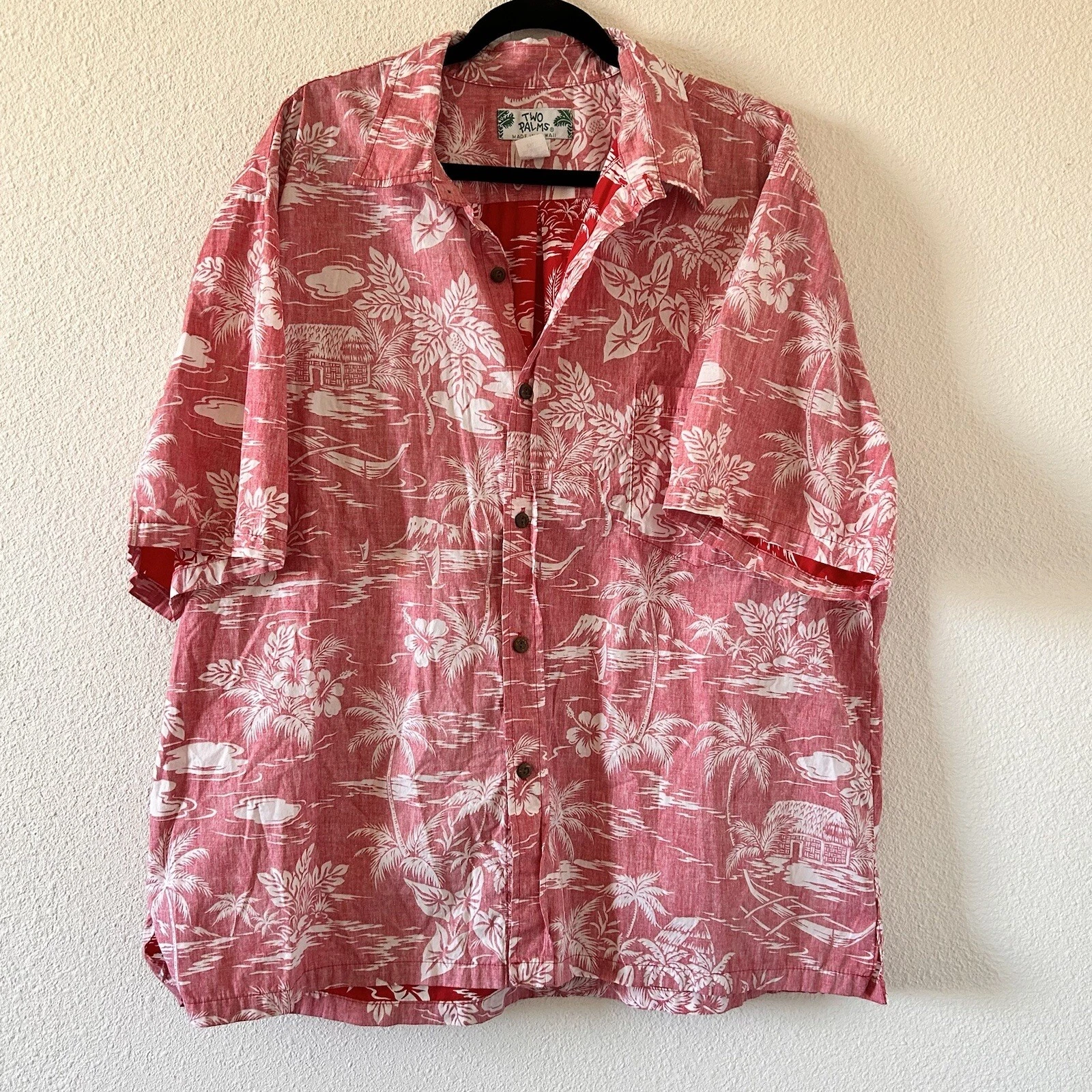 TWO PALMS Hawaii Hibiscus Palm Leaf Print Button Up shirt Men size 2XL Beach