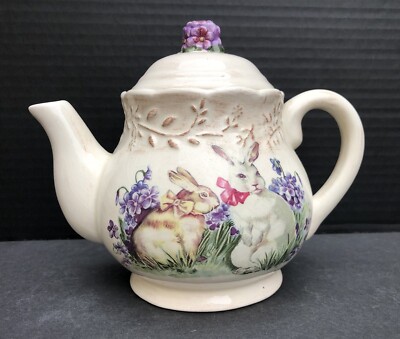 Cracker Barrel Easter Treasures Ceramic Teapot Bunny Rabbit Lilacs ...