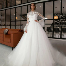 Bohemian High Neck Wedding Dress 3D Floral Decal Sheer Train A-line Bridal Gown