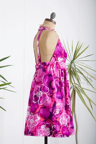 1960's Hawaiian Halter Pink + Purple flower Dress vintage hibiscus mod shift tro - Picture 7 of 7