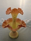 Fenton Hand Painted Burmese 1 Horn Epergne W/Flowers 2 PCS