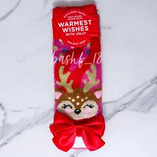 Bath & Body Works JOLLY REINDEER WITH RED BOW Shea Infused Lounge Socks NWT