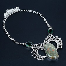 Unakite, Diopside Handmade 925 Sterling Silver Jewelry Necklace 18"