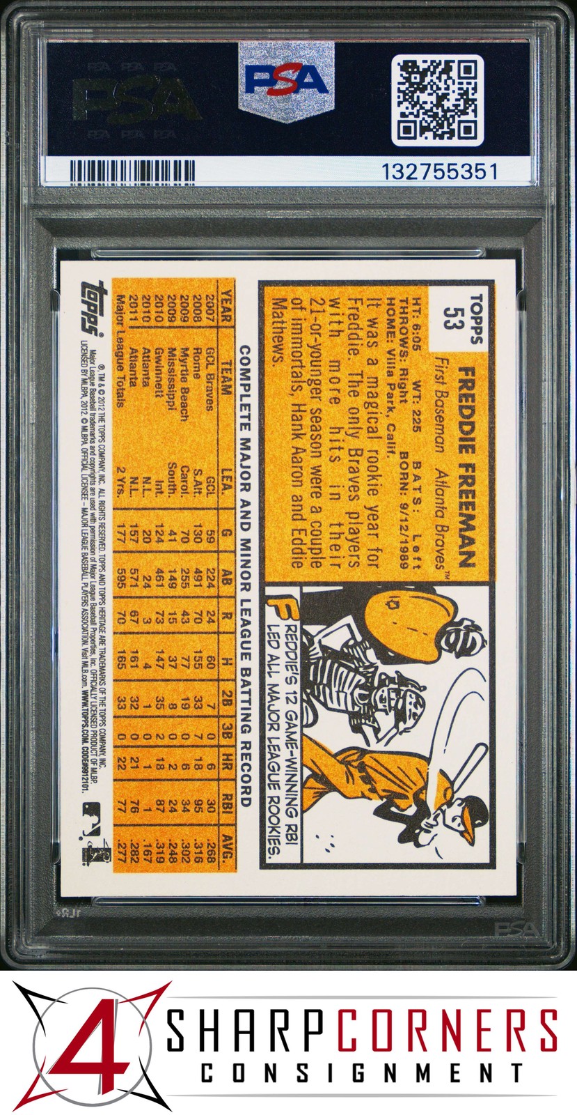 2012 TOPPS HERITAGE #53 FREDDIE FREEMAN BRAVES PSA 10 view 2