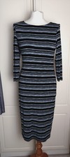 M&S Collection Blue Striped Knit Midi Dress Size 10 Lined Bodycon 3/4 Sleeves