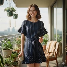 Express Women's Navy Blue Stripe Flutter Sleeve Tie Waist Midi Dress - Size M