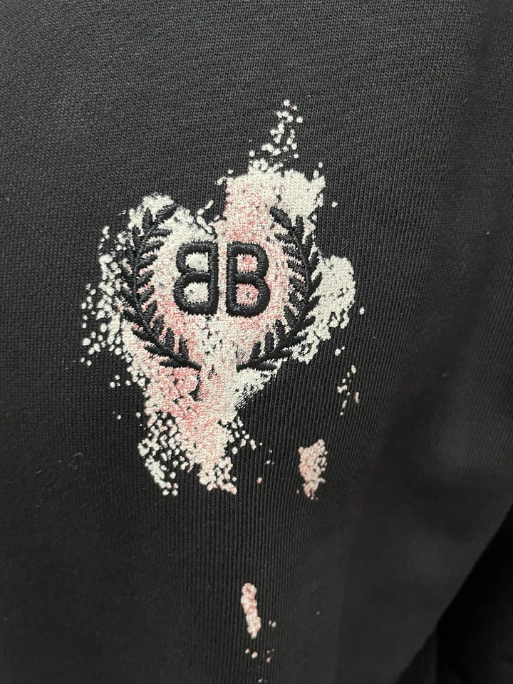 Felpa Balenciaga Uomo 2XL Nera Logo BB Crest Retro Paint Effect Originale Top - Immagine 2 di 4