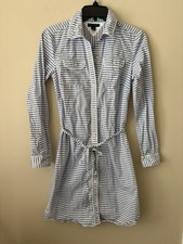Tommy Hilfiger white/blue striped cotton shirt dress with belt sz. XS Good Cond.