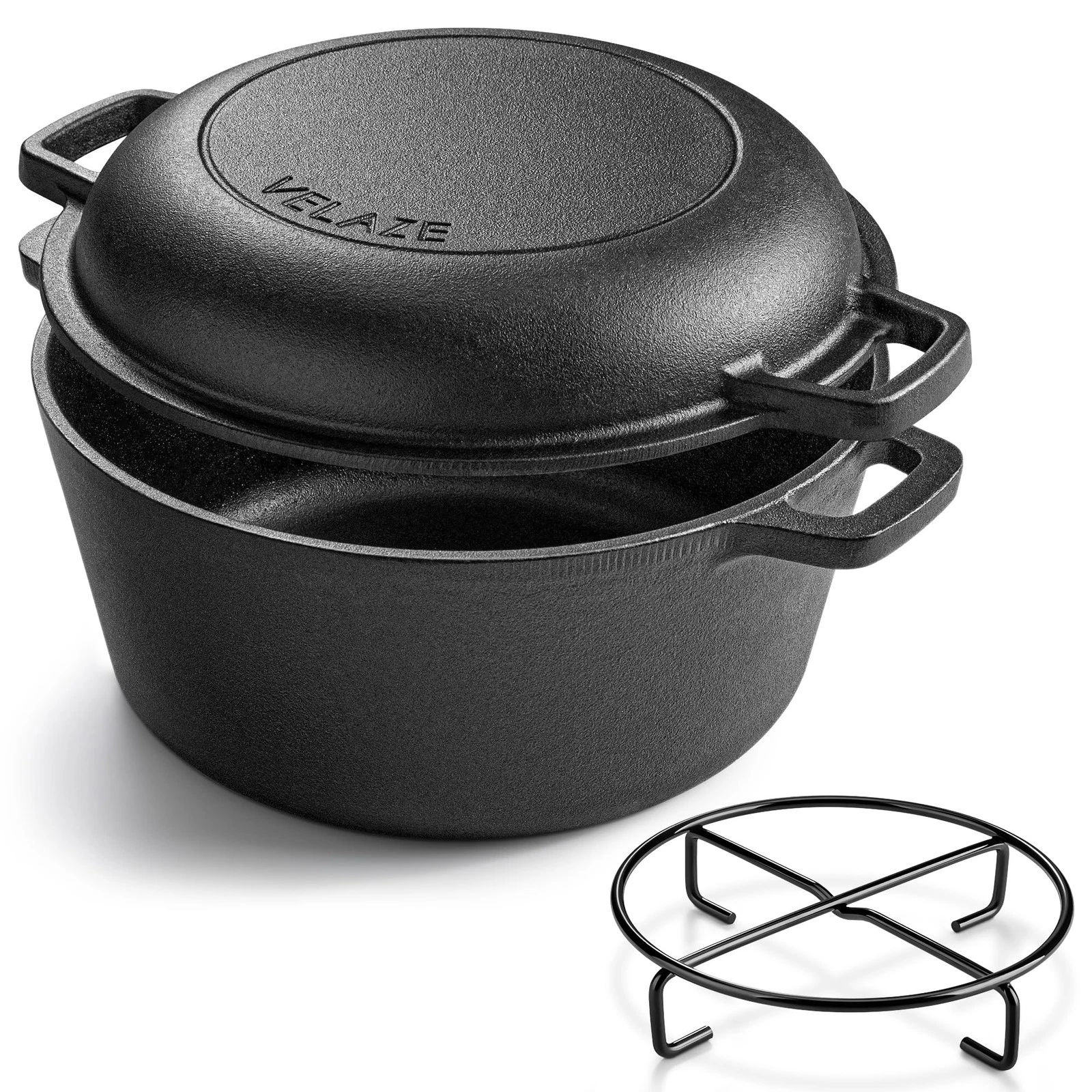 Velaze Cast Iron Dutch Oven Pot with Skillet Lid, 2in1 PreSeasoned Dual Handl...